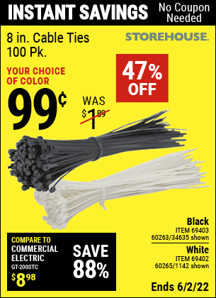 Harbor Freight Tools Coupons, Harbor Freight Coupon, HF Coupons-STOREHOUSE 8 in. Cable Ties Pack of 100 for $1.49