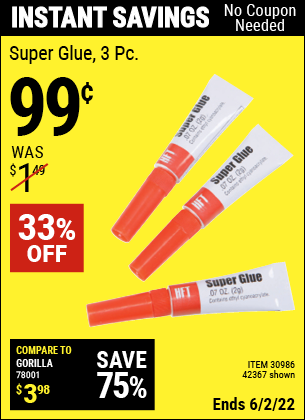 Harbor Freight Tools Coupons, Harbor Freight Coupon, HF Coupons-Super Glue Pack Of 3