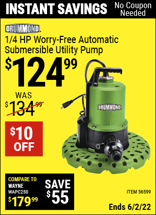 Harbor Freight Tools Coupons, Harbor Freight Coupon, HF Coupons-DRUMMOND 1/4 HP Worry-Free Automatic Submersible Utility Pump for $99.99