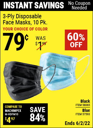 Harbor Freight Tools Coupons, Harbor Freight Coupon, HF Coupons-3-Ply Disposable Face Masks