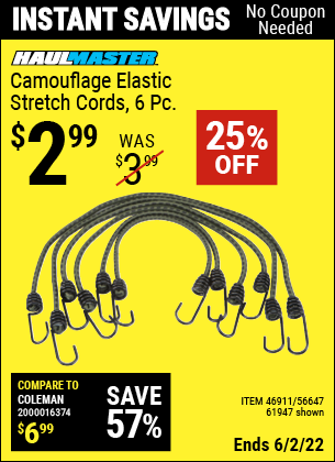 Harbor Freight Tools Coupons, Harbor Freight Coupon, HF Coupons-6 Piece Camouflage Elastic Stretch Cords