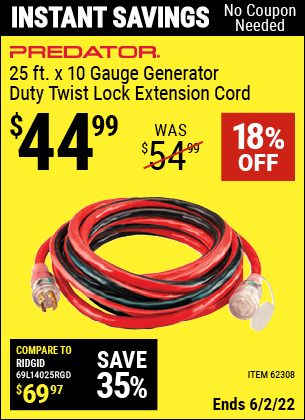 Harbor Freight Tools Coupons, Harbor Freight Coupon, HF Coupons-25 Ft. X 10 Gauge Generator Duty Twist Lock Extension Cord