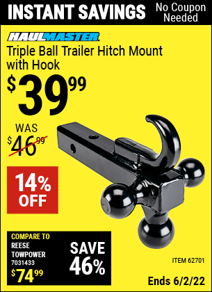 Harbor Freight Tools Coupons, Harbor Freight Coupon, HF Coupons-Triple Ball Trailer Hitch Mount With Hook