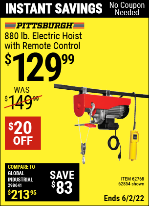 Harbor Freight Tools Coupons, Harbor Freight Coupon, HF Coupons-880 lb. Electric Hoist with Remote Control