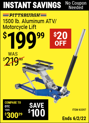 Harbor Freight Tools Coupons, Harbor Freight Coupon, HF Coupons-PITTSBURGH AUTOMOTIVE 1500 lb. Capacity ATV / Motorcycle Lift for $149.99