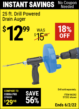 Harbor Freight Tools Coupons, Harbor Freight Coupon, HF Coupons-25 Ft. Drain Cleaner With Drill Attachment
