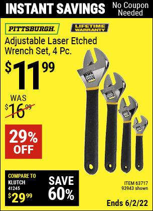 Harbor Freight Tools Coupons, Harbor Freight Coupon, HF Coupons-4 Piece Laser Etched Adjustable Wrench Set