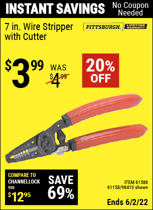 Harbor Freight Tools Coupons, Harbor Freight Coupon, HF Coupons-PITTSBURGH 7 in. Wire Stripper with Cutter for $2.99