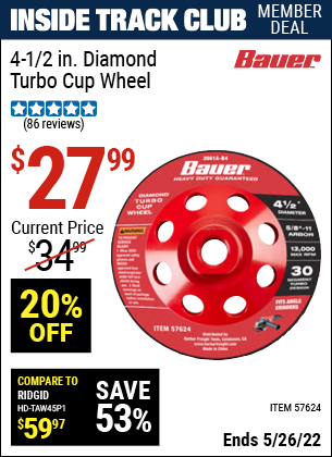 Harbor Freight Tools Coupons, Harbor Freight Coupon, HF Coupons-4-1/2 in. Diamond Turbo Cup Wheel