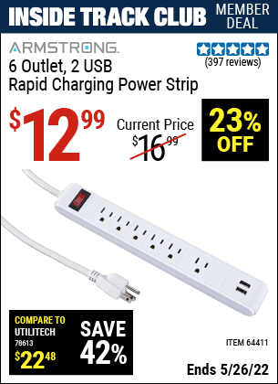 Harbor Freight Tools Coupons, Harbor Freight Coupon, HF Coupons-6 Outlet Power Strip With 2 Usb Ports