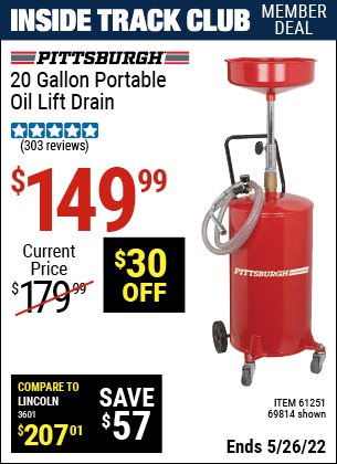 Harbor Freight Tools Coupons, Harbor Freight Coupon, HF Coupons-20 Gallon Portable Oil Lift Drain