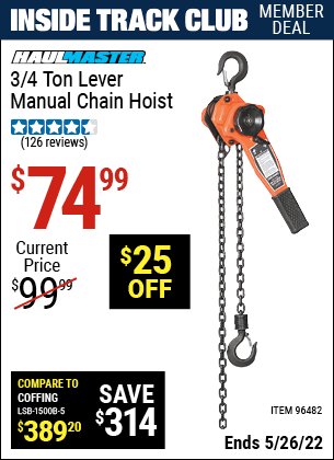 Harbor Freight Tools Coupons, Harbor Freight Coupon, HF Coupons-3/4 ton Lever Manual Chain Hoist