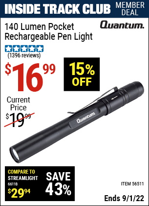 Harbor Freight Tools Coupons, Harbor Freight Coupon, HF Coupons-140 Lumen Pocket Rechargeable Pen Light