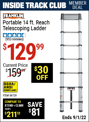 Harbor Freight Tools Coupons, Harbor Freight Coupon, HF Coupons-FRANKLIN Portable 14 Ft. Telescoping Ladder for $99.99