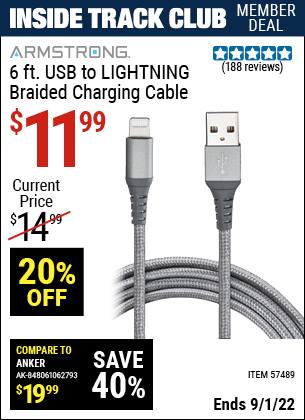 Harbor Freight Tools Coupons, Harbor Freight Coupon, HF Coupons-6 ft. USB to LIGHTNING Braided Charging Cable