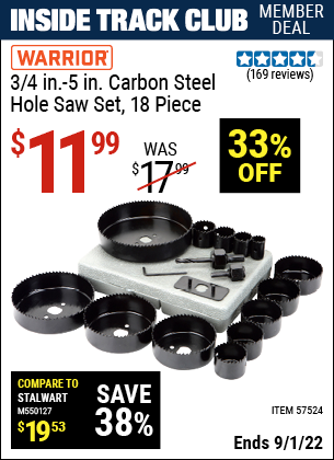 Harbor Freight Tools Coupons, Harbor Freight Coupon, HF Coupons-3/4 in. - 5 in. Carbon Steel Hole Saw Set, 18 Pc.