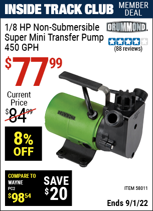 Harbor Freight Tools Coupons, Harbor Freight Coupon, HF Coupons-1/8  HP Non-Submersible Super Mini Transfer Pump 450 GPH