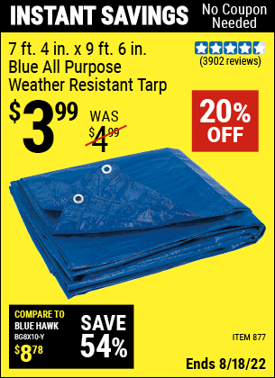 Harbor Freight Tools Coupons, Harbor Freight Coupon, HF Coupons-HFT 7 ft. 4 in. x 9 ft. 6 in. Blue All Purpose/Weather Resistant Tarp for $2.99
