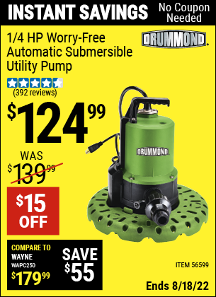 Harbor Freight Tools Coupons, Harbor Freight Coupon, HF Coupons-DRUMMOND 1/4 HP Worry-Free Automatic Submersible Utility Pump for $99.99