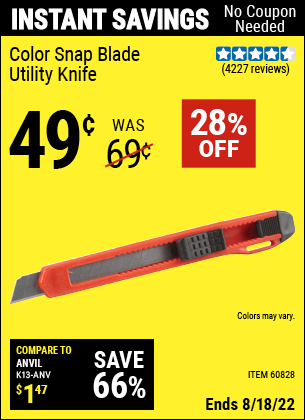 Harbor Freight Tools Coupons, Harbor Freight Coupon, HF Coupons-Color Snap Blade Utility Knife