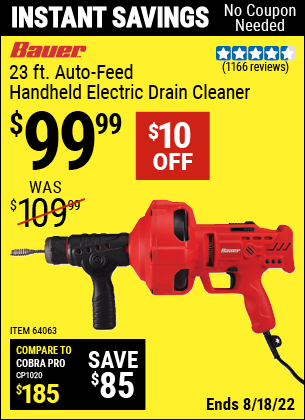 Harbor Freight Tools Coupons, Harbor Freight Coupon, HF Coupons-Bauer 23 Ft Auto Feed Handheld Electric Drain Cleaner