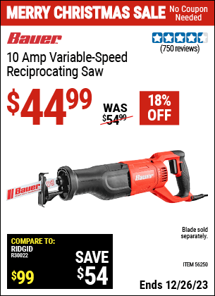 Harbor Freight Coupons, HF Coupons, 20% off - Bauer 10 Amp Variable Speed Reciprocating Saw