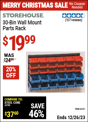 Harbor Freight Coupons, HF Coupons, 20% off - 30 Bin Wall Mount Parts Rack