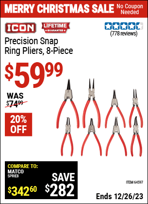 Harbor Freight Coupons, HF Coupons, 20% off - 8 Piece Precision Snap Ring Pliers Icon