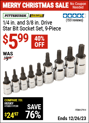 Harbor Freight Coupons, HF Coupons, 20% off - PITTSBURGH - 1/4 In. And 3/8 In. Drive Star Bit Socket Set, 9 Pc.