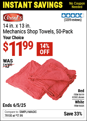 Harbor Freight Coupons, HF Coupons, 20% off - 14 in. x 13 in. White Shop Towels, 50 Pk.