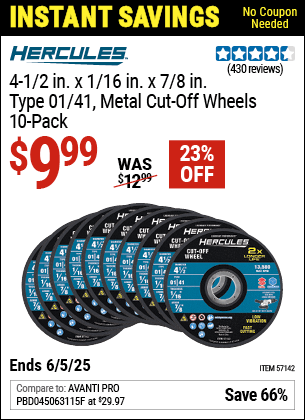 Harbor Freight Coupons, HF Coupons, 20% off - 4-1/2 in. x 1/16 in. x 7/8 in. Type 01/41 Metal Cut-off Wheel 10 Pk.
