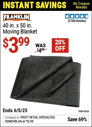 Harbor Freight Coupons, HF Coupons, 20% off - FRANKLIN 40 in. x 50 in. Moving Blanket for $4.49