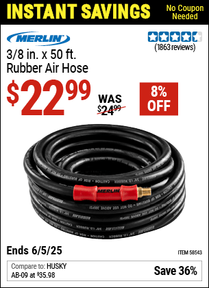 Harbor Freight Coupons, HF Coupons, 20% off - MERLIN 3/8 in. x 50 ft. Rubber Air Hose 
