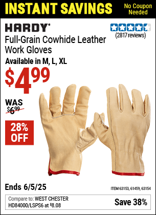 Harbor Freight Coupons, HF Coupons, 20% off - Full Grain Leather Work Gloves - Large