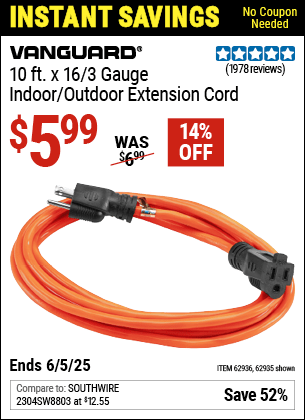 Harbor Freight Coupons, HF Coupons, 20% off - 10ft.x16 Gauge Indoor/outdoor Extension Cord