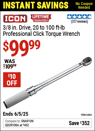 Harbor Freight Coupons, HF Coupons, 20% off - 3/8 In. Drive Professional Click Type Torque Wrench
