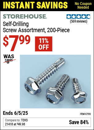 Harbor Freight Coupons, HF Coupons, 20% off - 200 Piece Self-drilling Screw Assortment