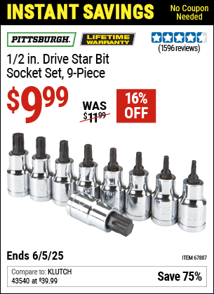 Harbor Freight Coupons, HF Coupons, 20% off - 1/2 in. Drive Star Bit Socket Set, 9 Pc.