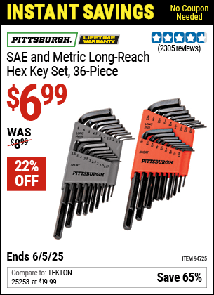 Harbor Freight Coupons, HF Coupons, 20% off - 36 Piece Sae/metric Long Reach Hex Key Set