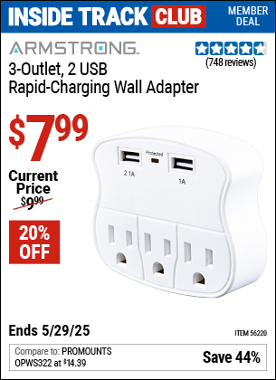 Harbor Freight Coupons, HF Coupons, 20% off - 3 Outlet 2 Usb Wall Adapter