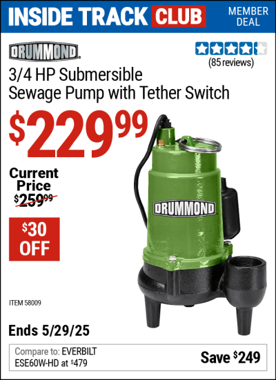 Harbor Freight Coupons, HF Coupons, 20% off - DRUMMOND 3/4 HP Submersible Sewage Pump with Tether Switch for $239.99