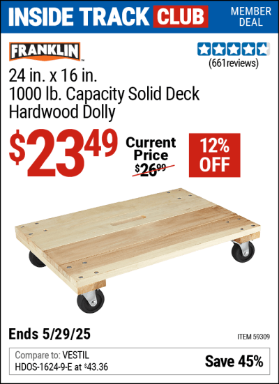 Harbor Freight Coupons, HF Coupons, 20% off - FRANKLIN 24 in. x 16 in. 1000 lb. Capacity Solid Deck Hardwood Dolly 