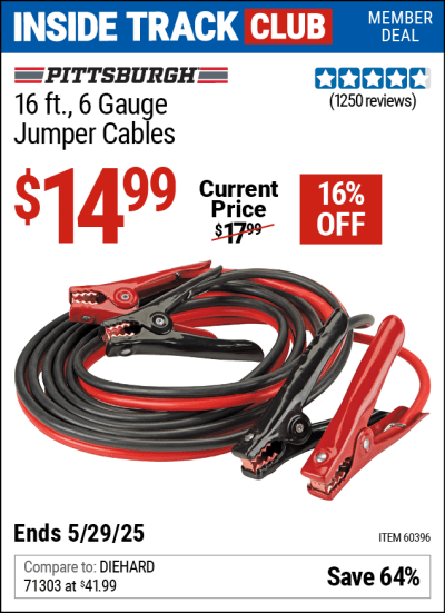 Harbor Freight Coupons, HF Coupons, 20% off - 16 Ft. 6 Gauge Heavy Duty Booster Cables
