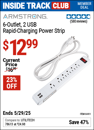 Harbor Freight Coupons, HF Coupons, 20% off - 6 Outlet Power Strip With 2 Usb Ports