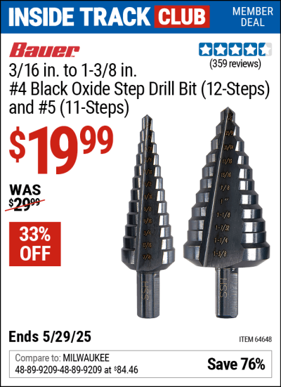 Harbor Freight Coupons, HF Coupons, 20% off - 2 Piece Black Oxide Coated M2 Steel High Speed Step Bits