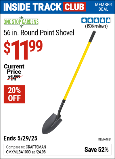 Harbor Freight Coupons, HF Coupons, 20% off - ONE STOP GARDENS 56 in. Round Point Shovel for $7.99