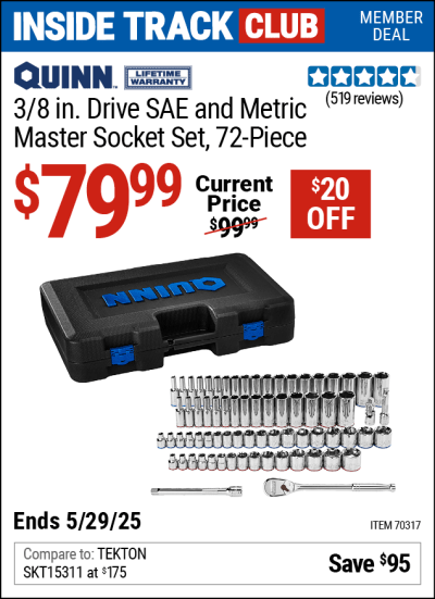 Harbor Freight Coupons, HF Coupons, 20% off - QUINN 3/8 in. Drive, SAE and Metric Master Socket Set, 72-Piece for $99.99