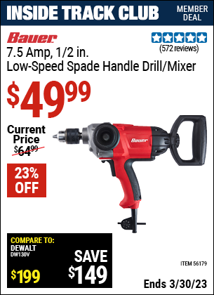 Harbor Freight Tools Coupons, Harbor Freight Coupon, HF Coupons-BAUER 1/2 in. Heavy Duty Low Speed Spade Handle Drill/Mixer