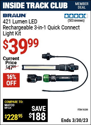 Harbor Freight Tools Coupons, Harbor Freight Coupon, HF Coupons-BRAUN 3-in-1 Quick Connect Light Kit for $39.99
