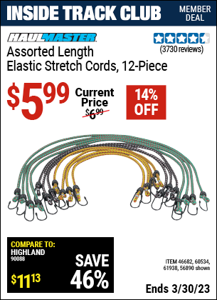 Harbor Freight Tools Coupons, Harbor Freight Coupon, HF Coupons-HAUL-MASTER Assorted Length Elastic Stretch Cords 12 Pc. for $3.99